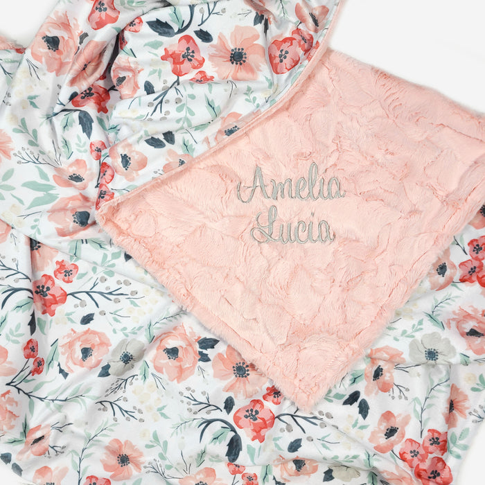 Peach Floral Personalized Girl Baby Blanket