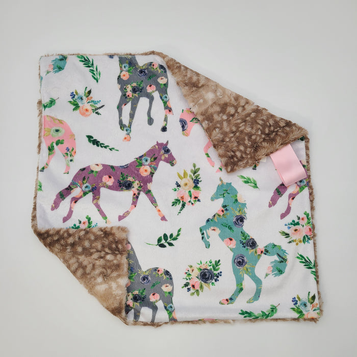 Floral horse lovey with fawn fur backing